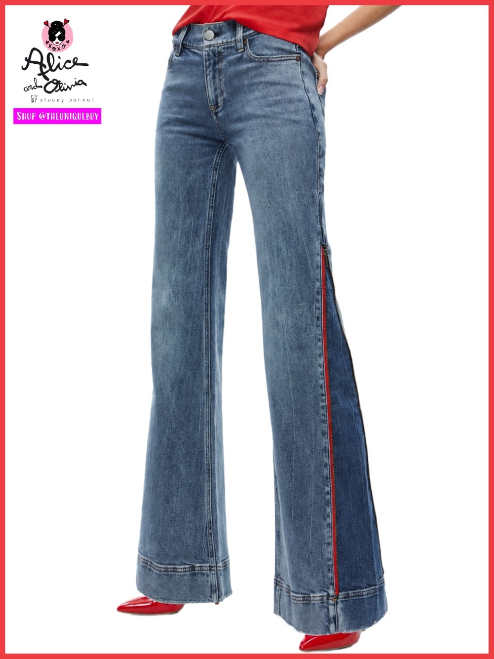 Alice + Olivia Rey Side Zipper Blue Red Wide Leg Jeans
